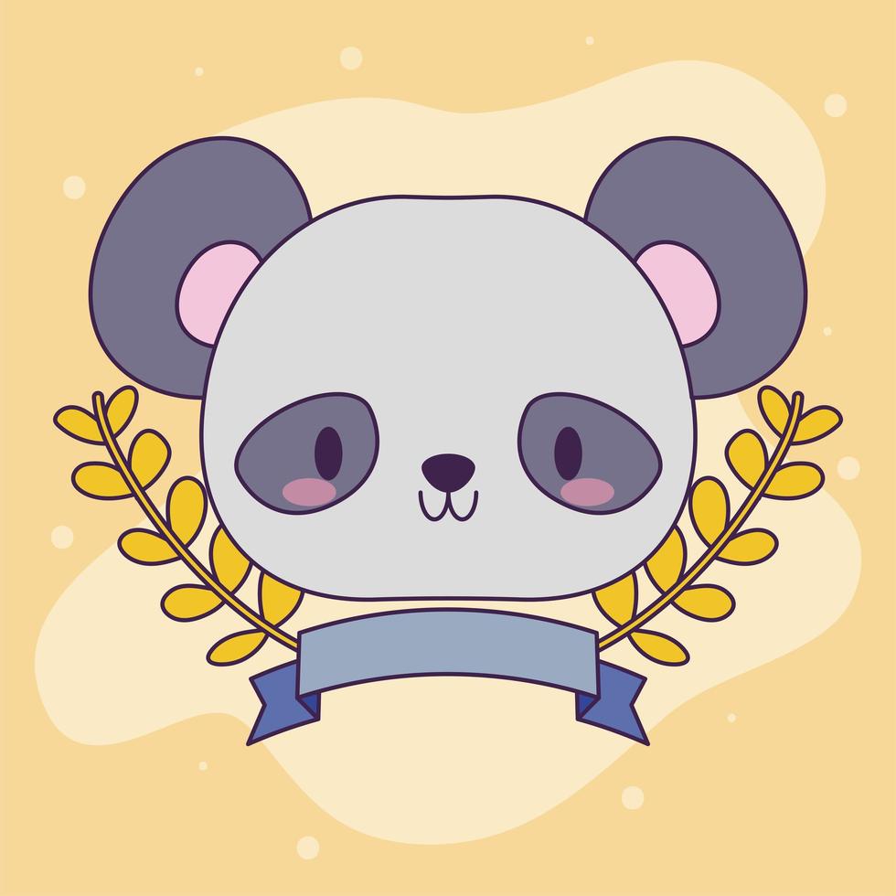 head of kawaii baby panda bear with plants vector