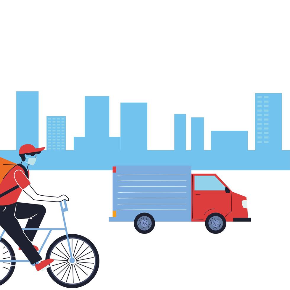 courier with mask and transport vehicle for delivery vector