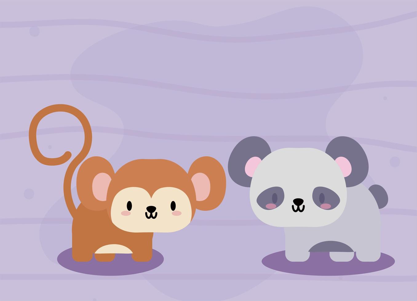 cute card with kawaii monkey and panda bear vector