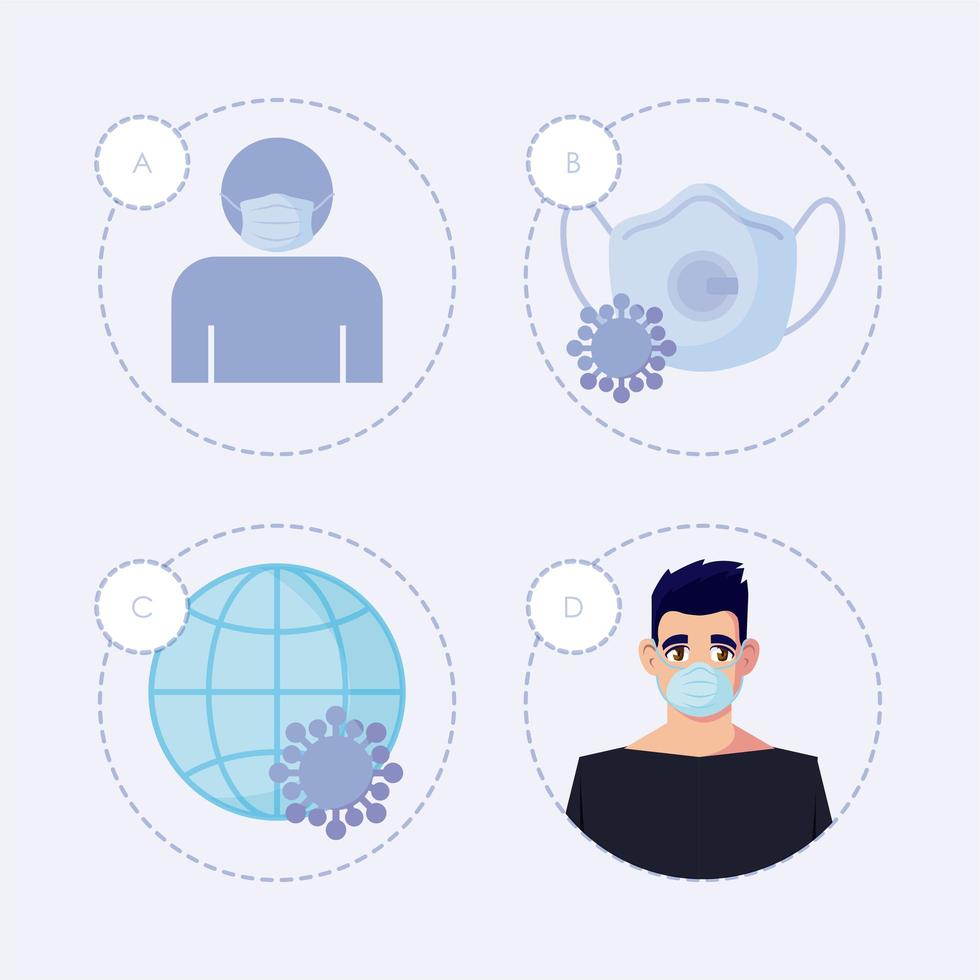 Man with medical mask and COVID 19 icon set vector design