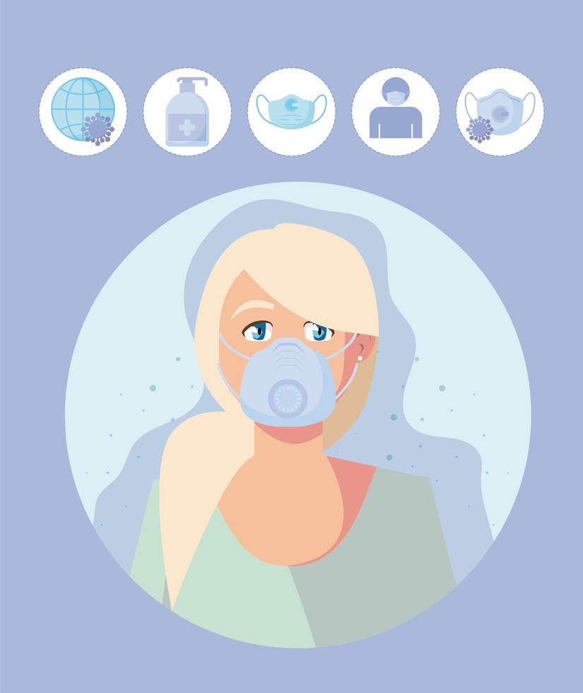 Woman with medical mask and COVID19 icon set vector design