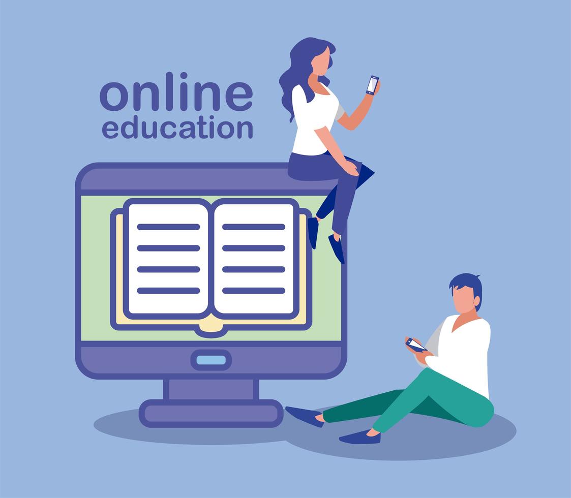 people using desktop computer, online education vector