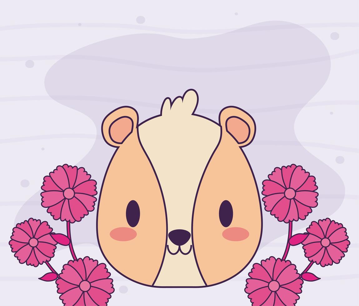 cabeza de hámster kawaii con flores vector