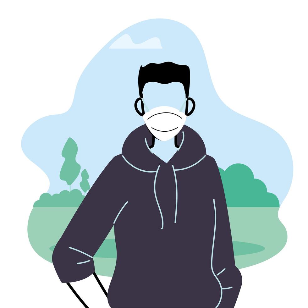 Young man wearing face mask to prevent virus in the park vector