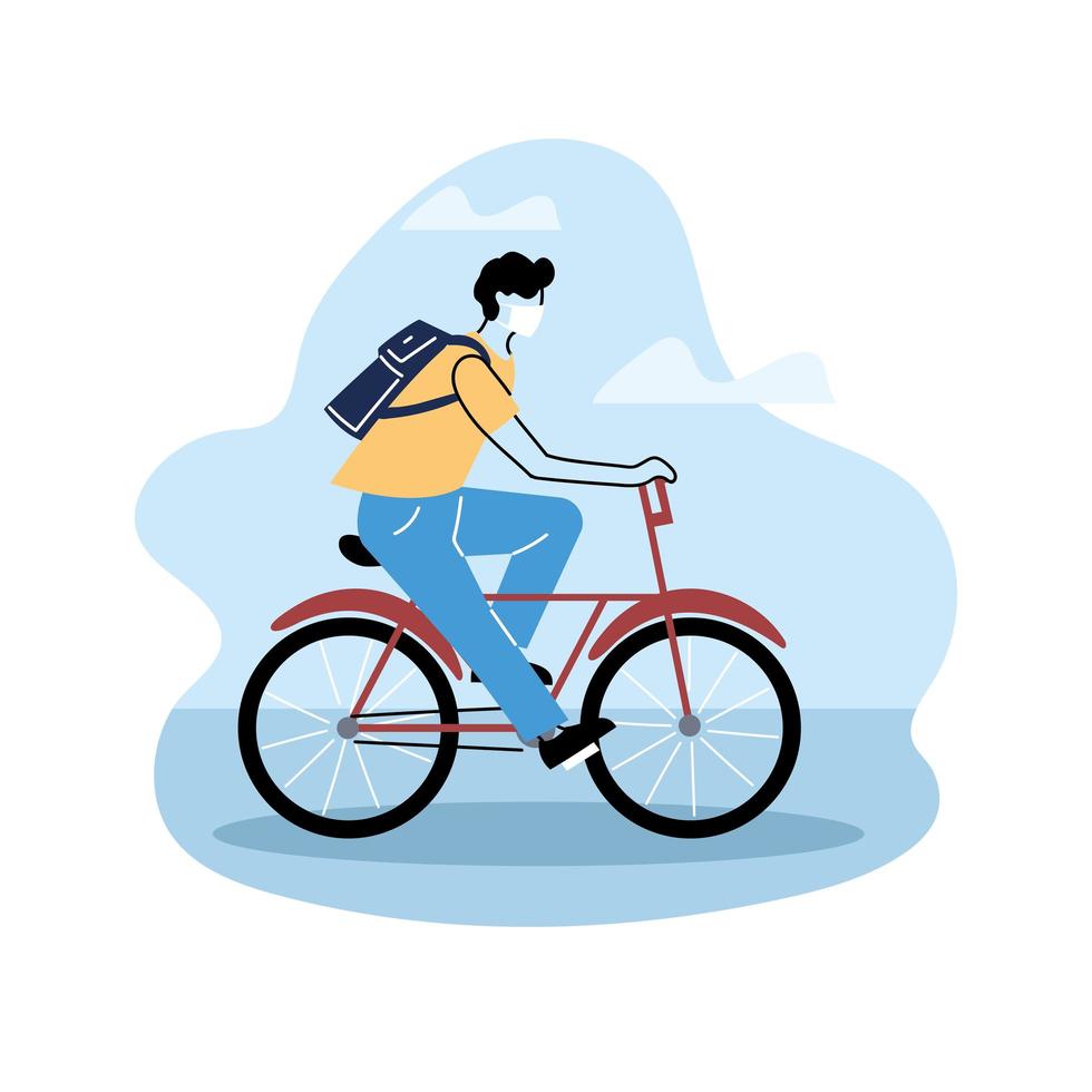 hombre con mochila en bicicleta vector