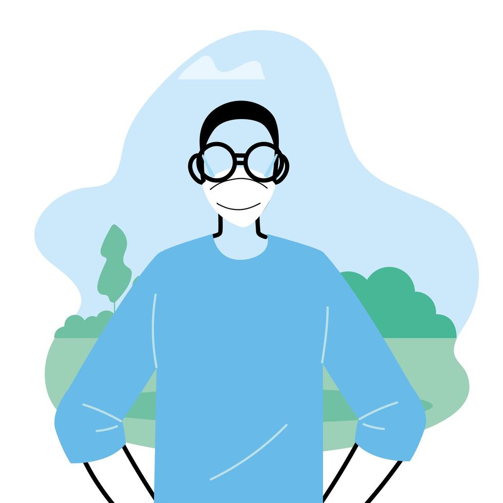 Young man wearing face mask to prevent virus in the park vector