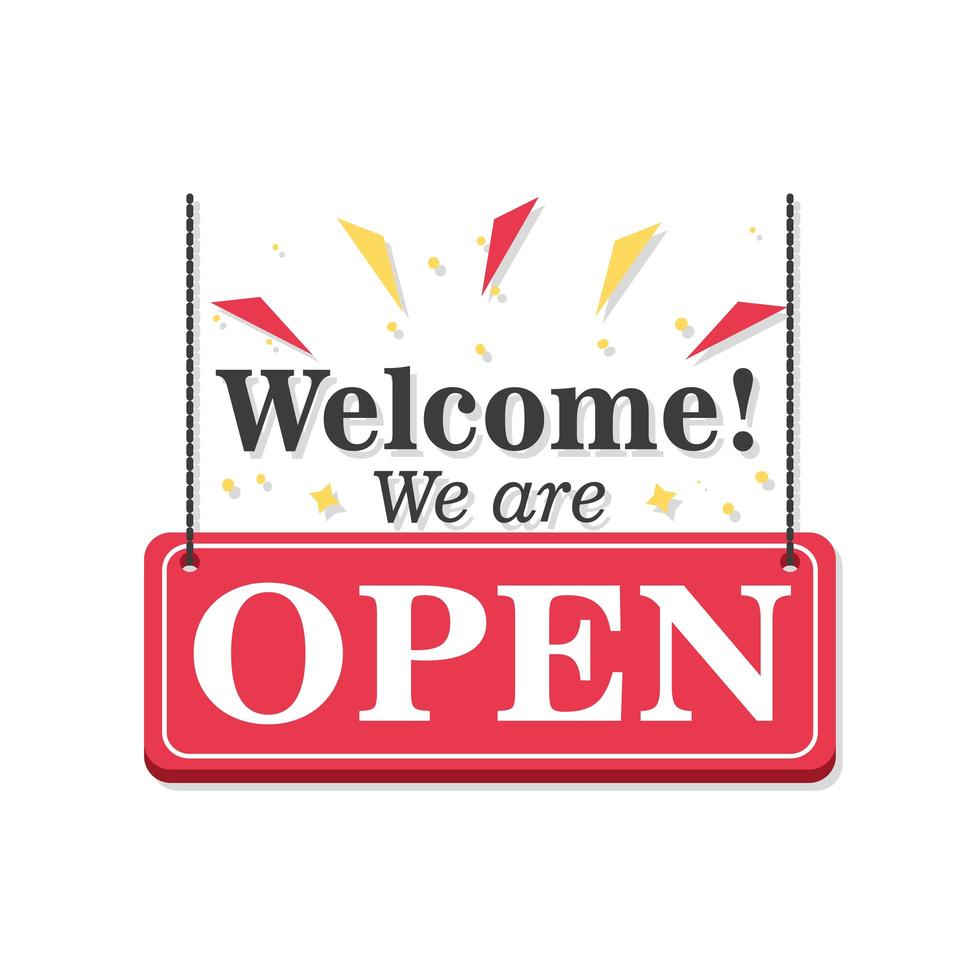 welcome we are open banner with confetti icon vector design