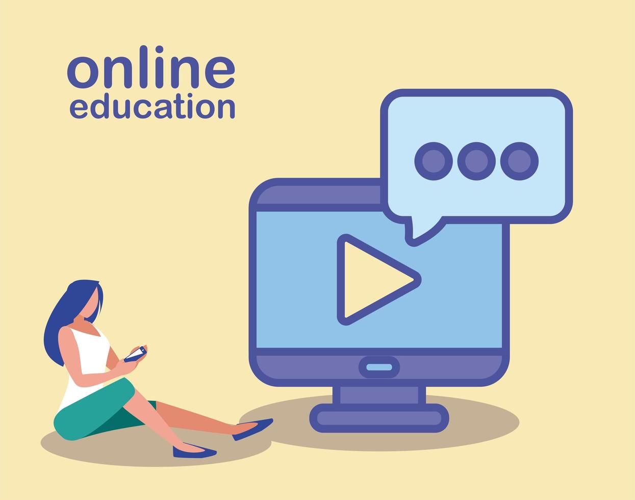 woman with desktop computer, online education vector
