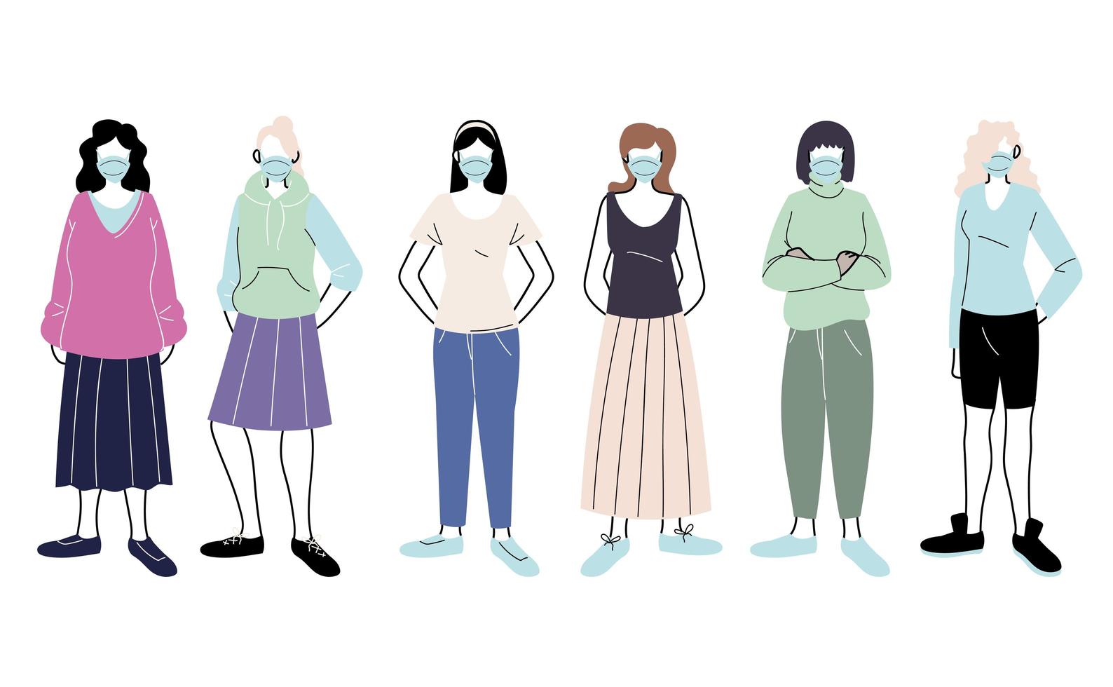 young women with medical masks standing on white background vector