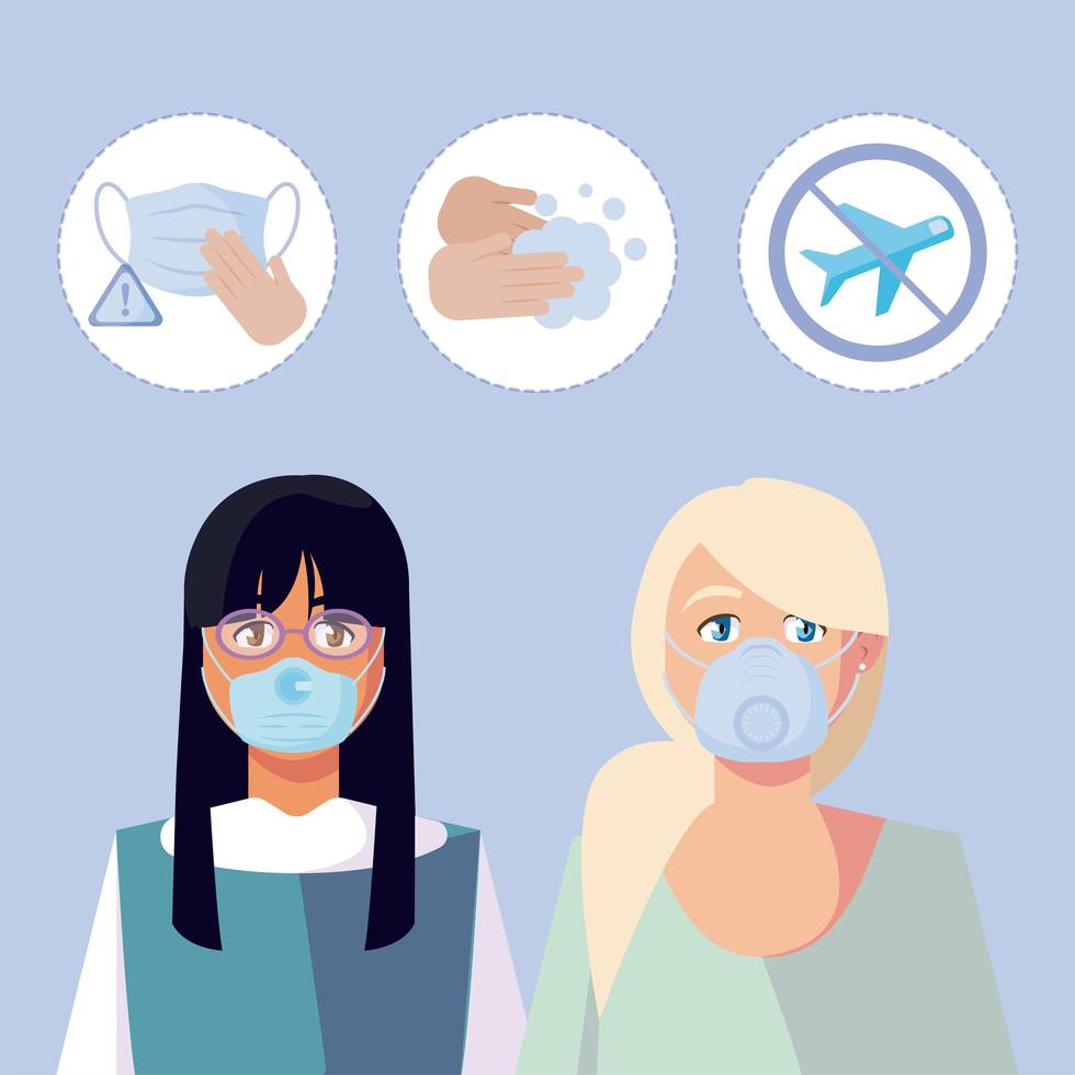 Mujeres con máscaras médicas y covid 19 conjunto de iconos de diseño vectorial vector