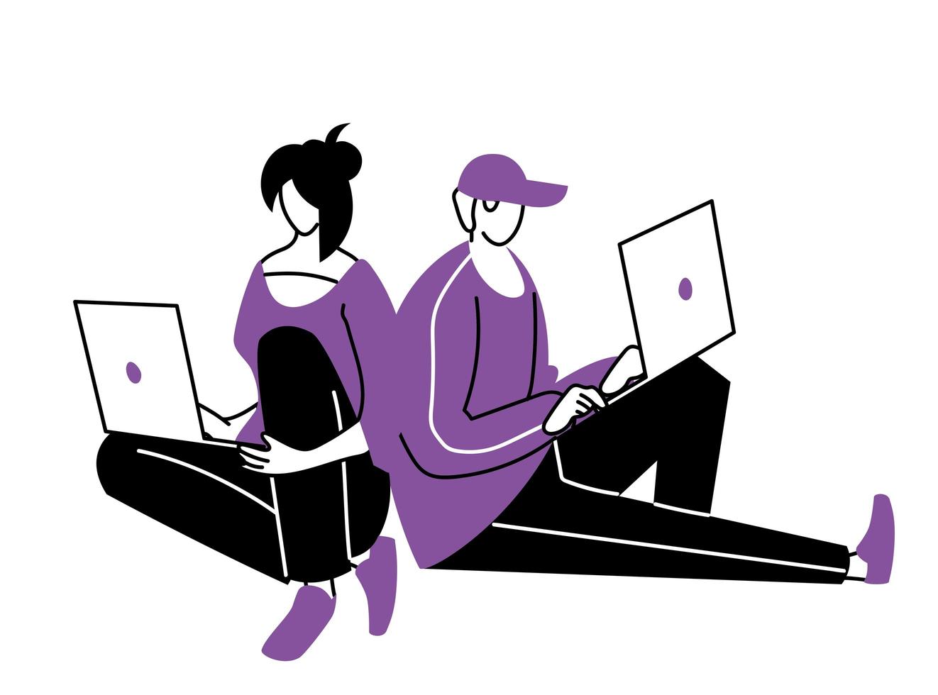 young couple using laptop computers vector