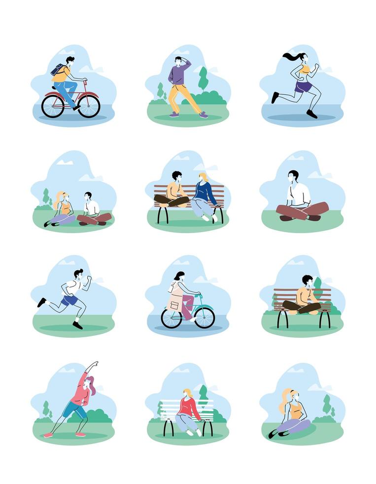 people in medical protective masks spend time in park vector