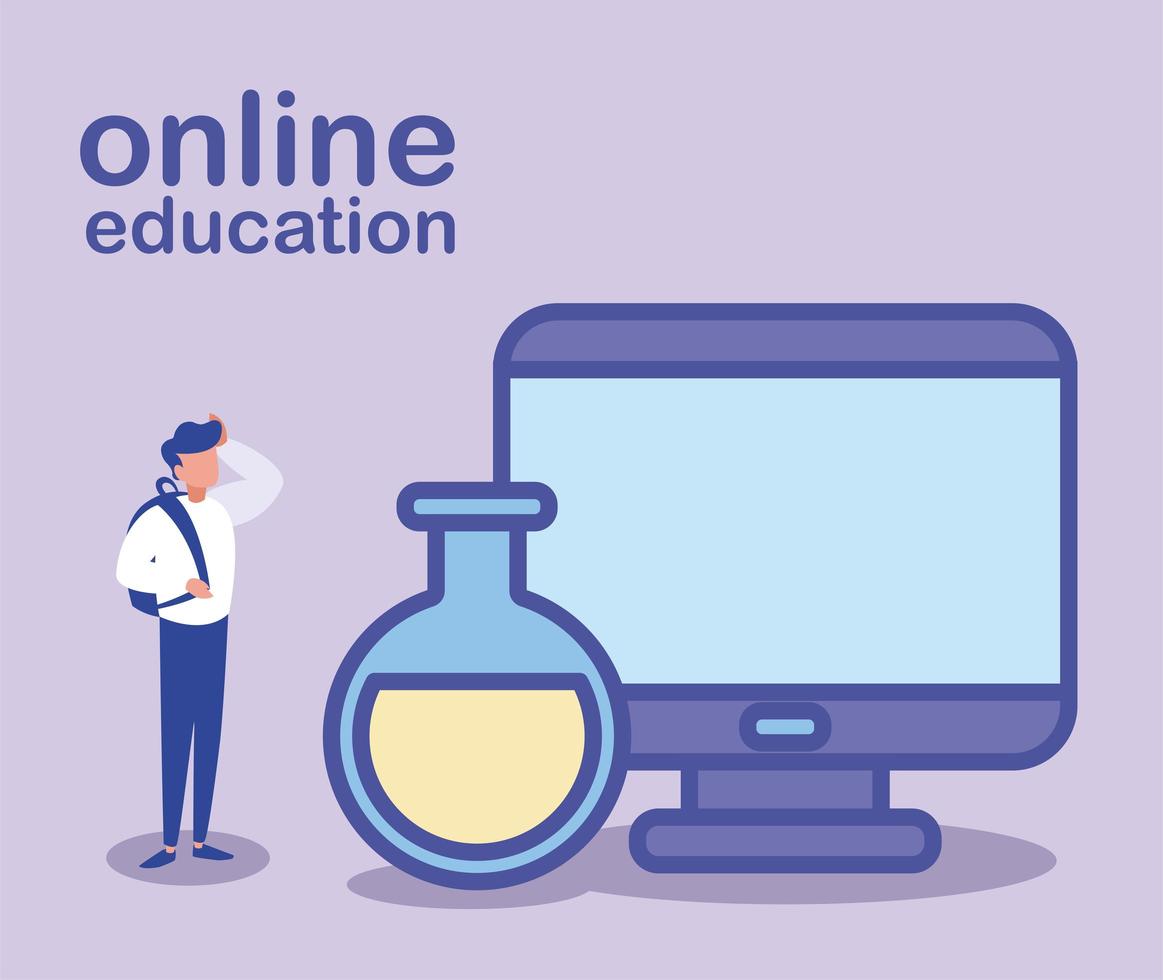 man with desktop computer, online education vector