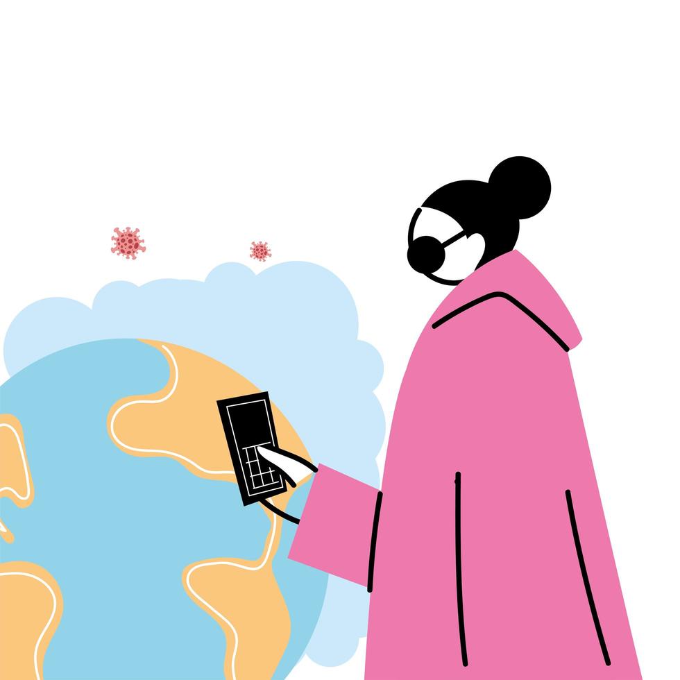 young woman with a mask and smartphone during a global pandemic vector