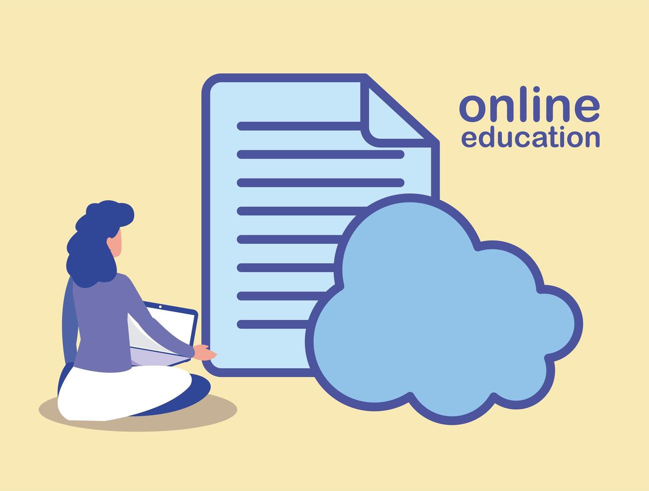 woman with computer cloud and electronic file, online education vector