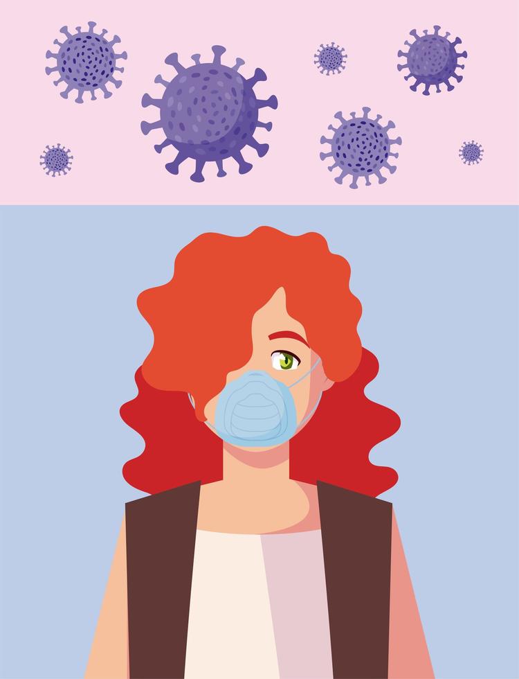 Mujer con máscara médica y diseño de vector de virus covid 19