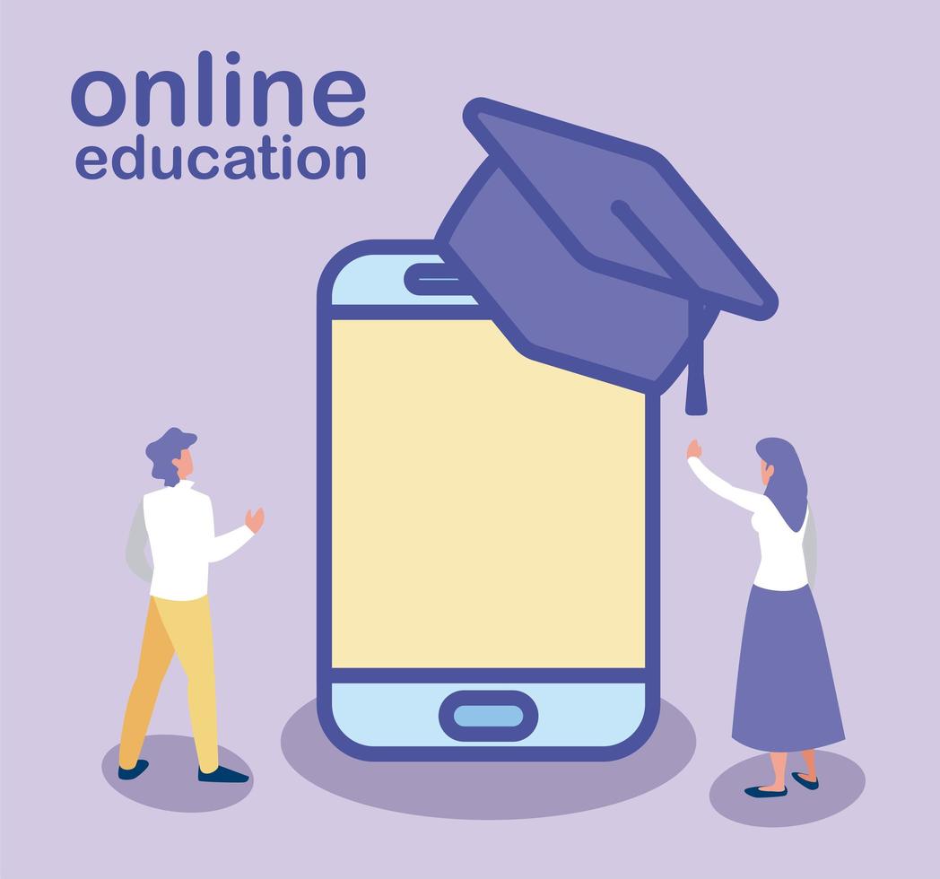 hombre y mujer con smartphone y sombrero de graduación, educación en línea vector