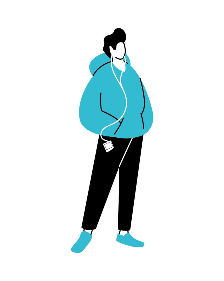 young man using headphones with a smartphone or music device vector