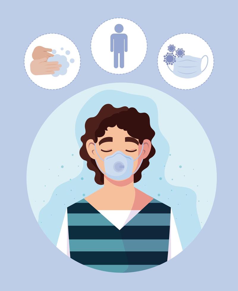 Man with medical mask and COVID 19 icons vector design