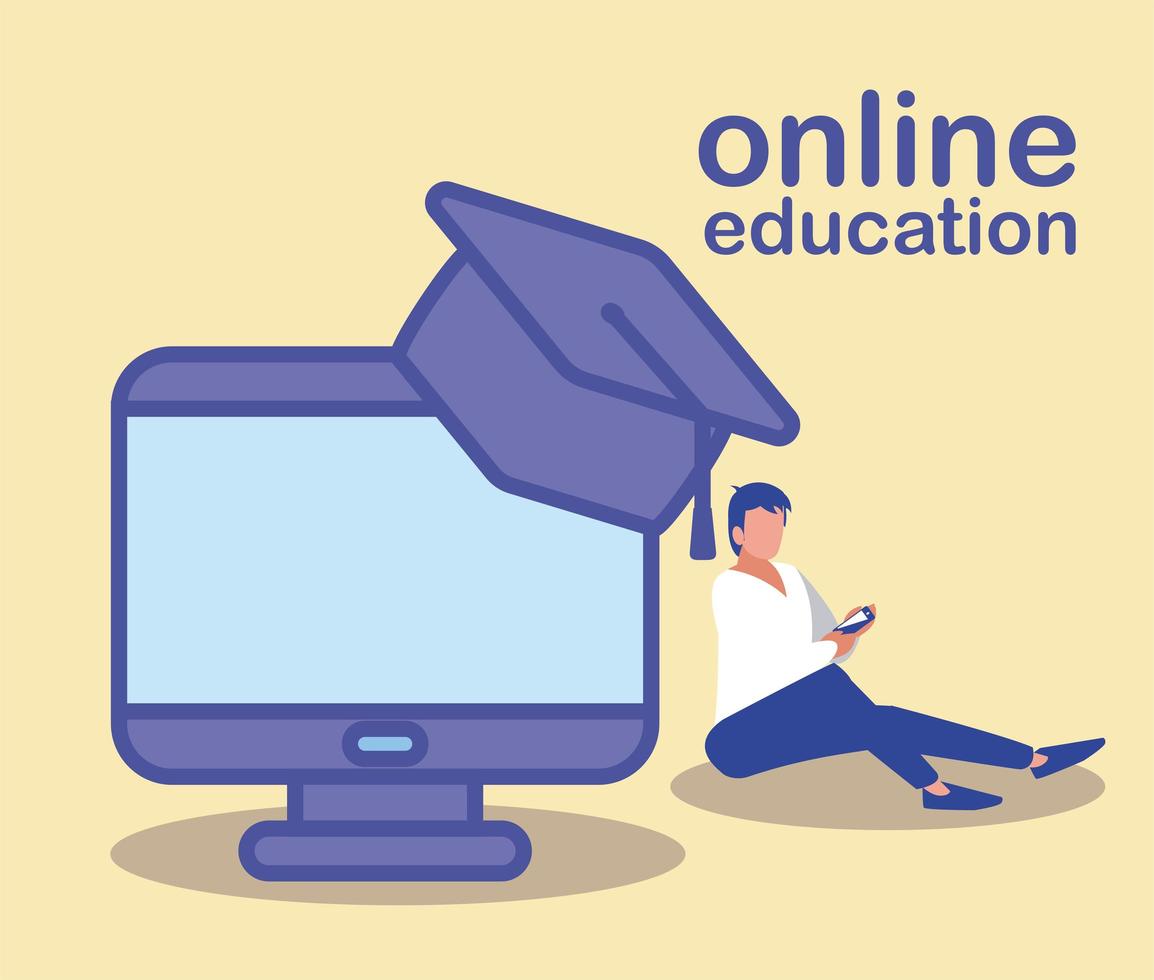 man with desktop computer, online education vector