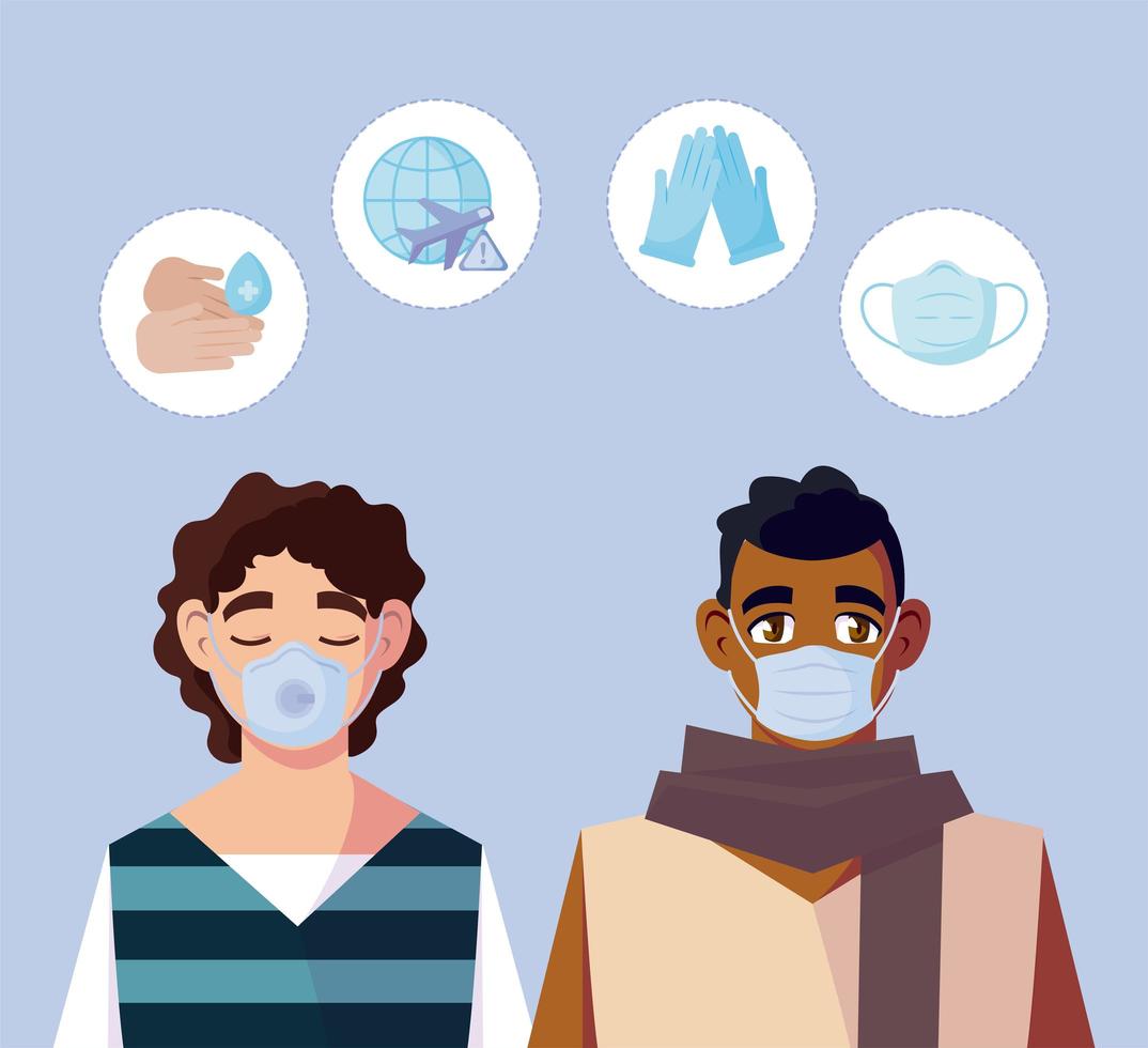 Hombres con máscaras médicas y covid 19 conjunto de iconos de diseño vectorial vector