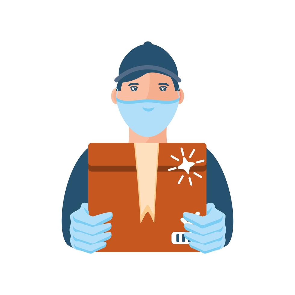 delivery man with face mask carries cardboard box vector