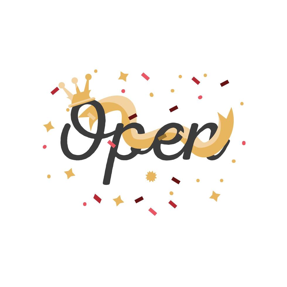 open sign with crown, ribbon and confetti vector