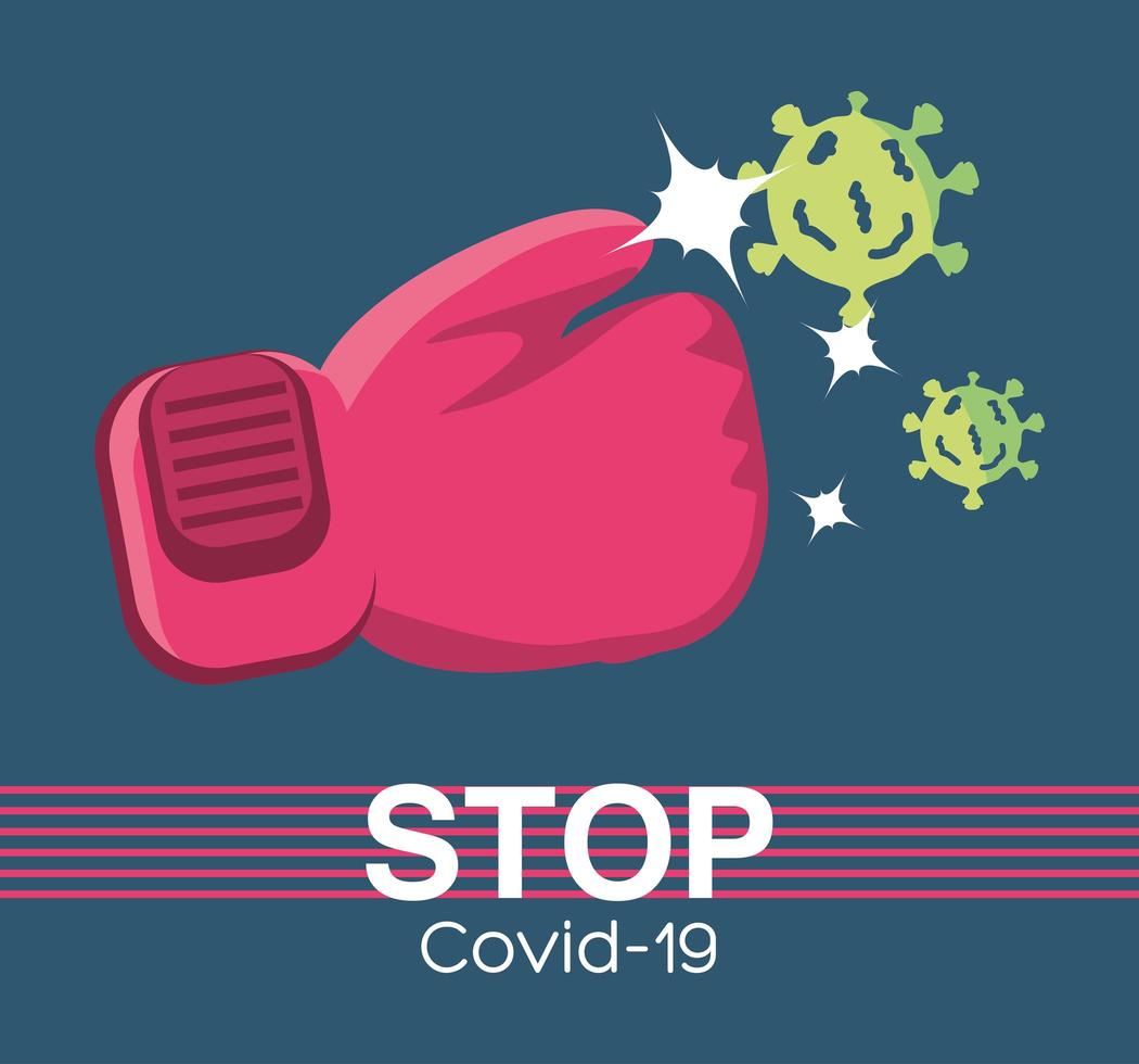 detener covid 19, guante de boxeo perforando gérmenes de coronavirus vector