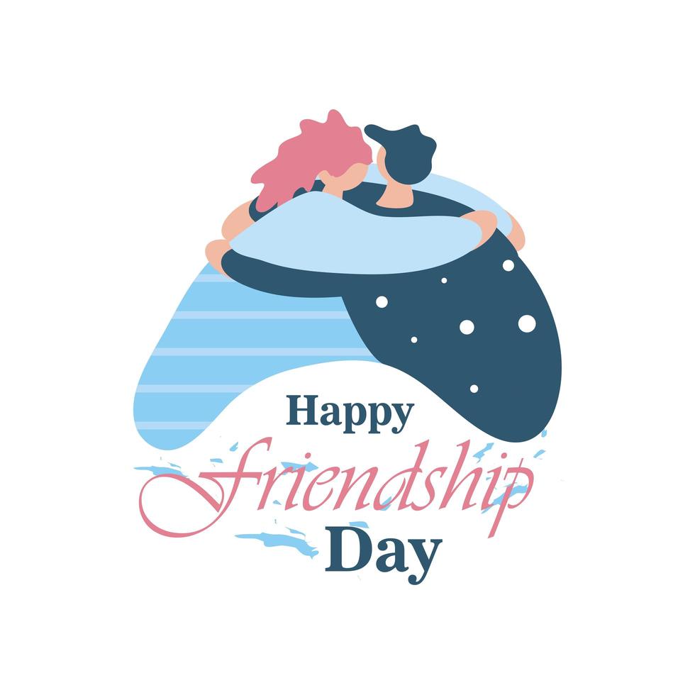 Happy friendship day with woman and man hugging detailed style icon vector design