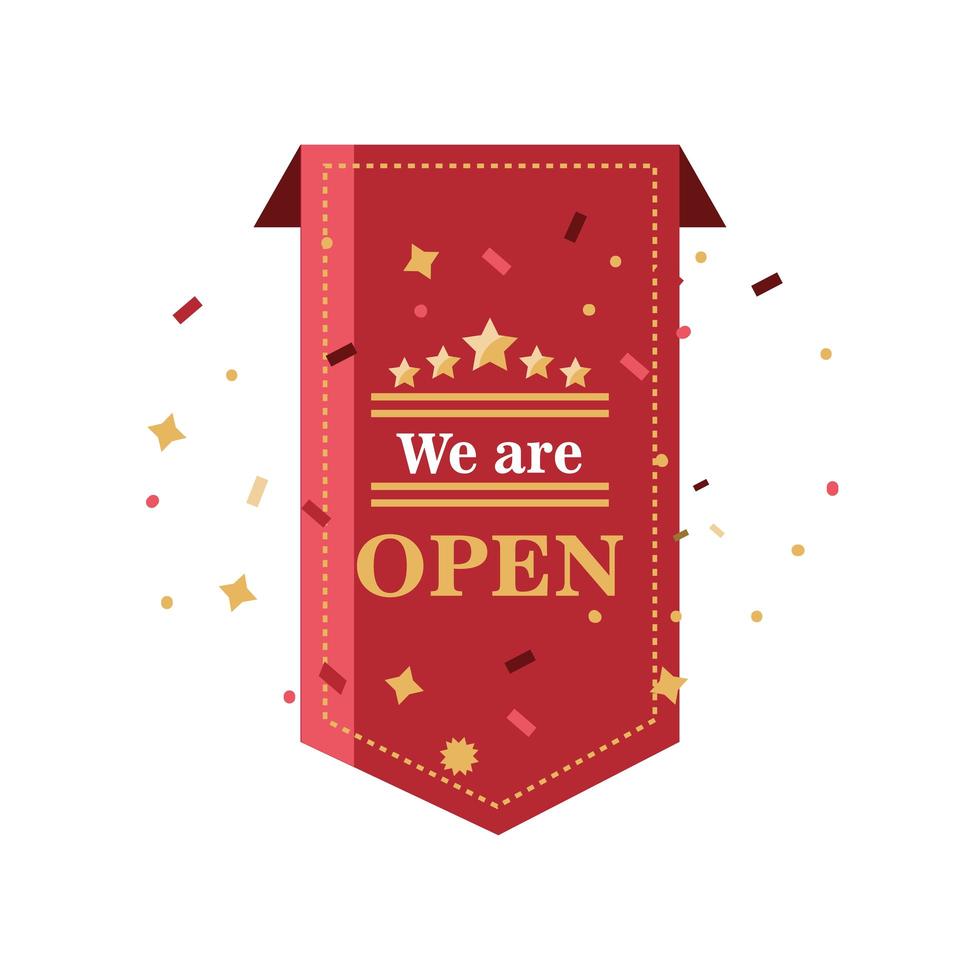 we are open banner and confetti icon vector design