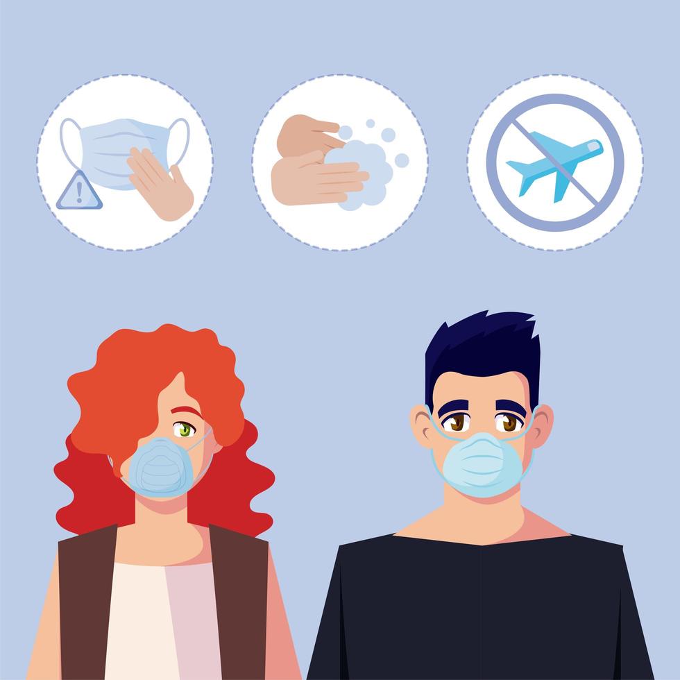 Woman and man with medical mask and COVID19 icon set vector design