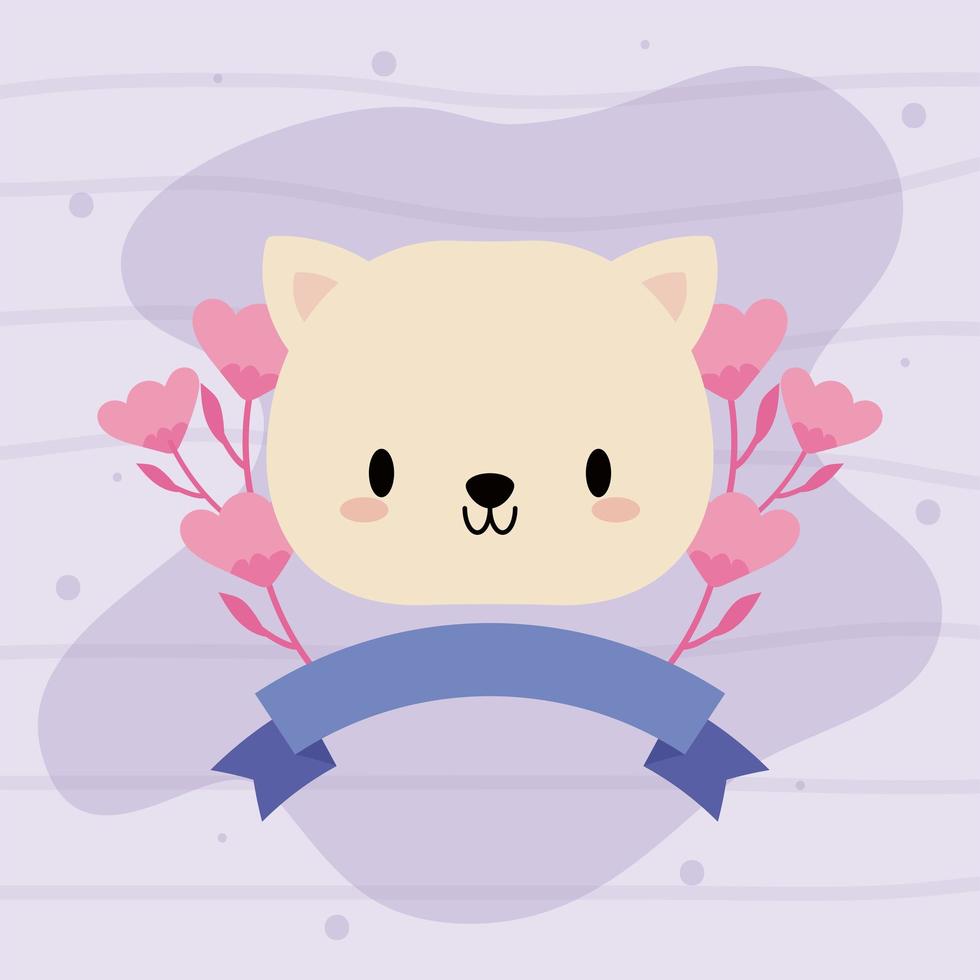 lindo gatito kawaii con flores vector