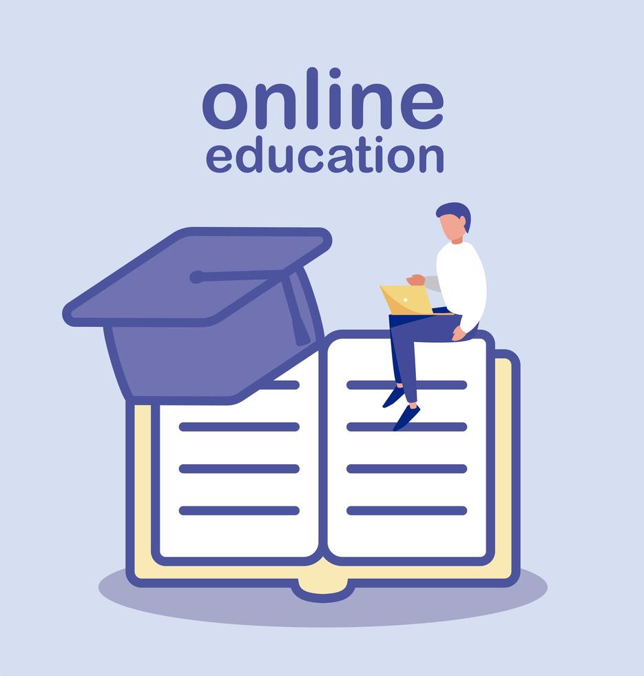 man with book and graduation hat, online education vector