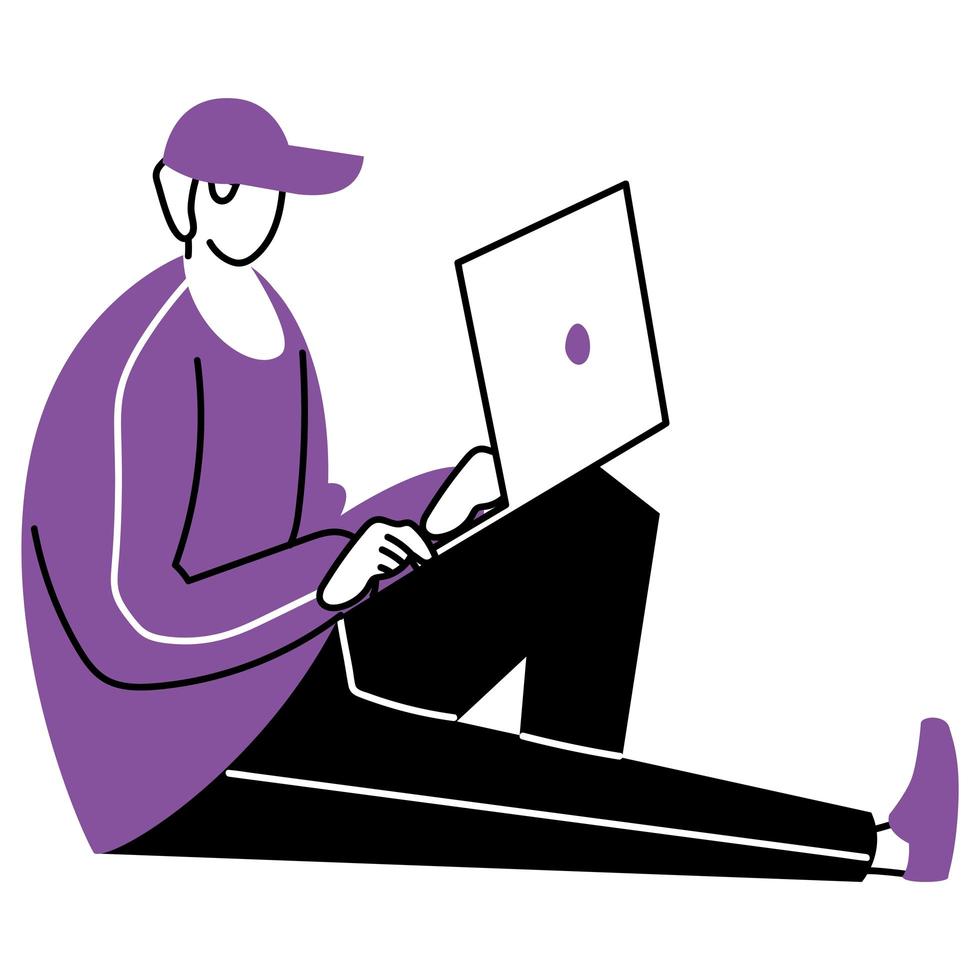 young man using a laptop vector