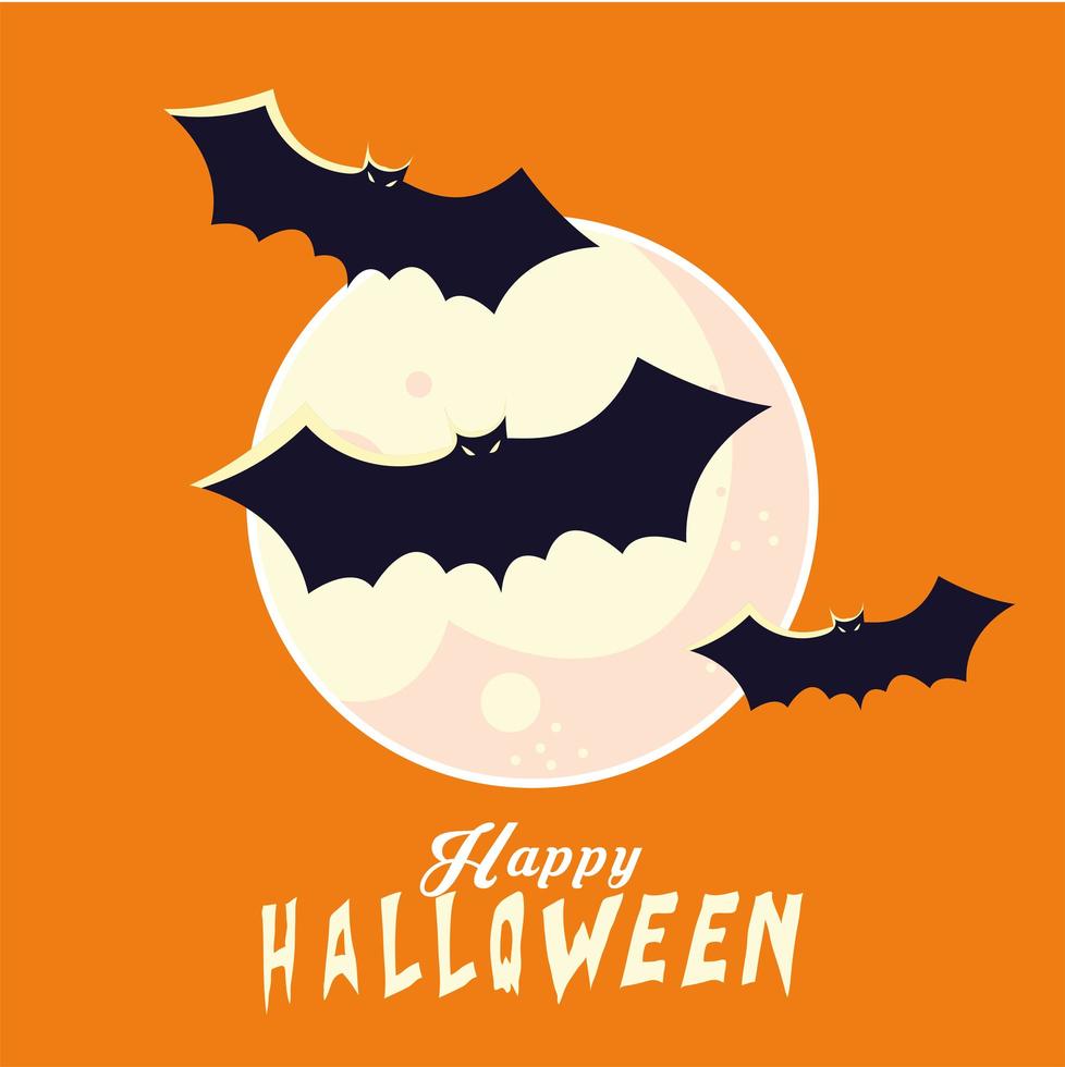 Halloween bats cartoons in front of moon vector design