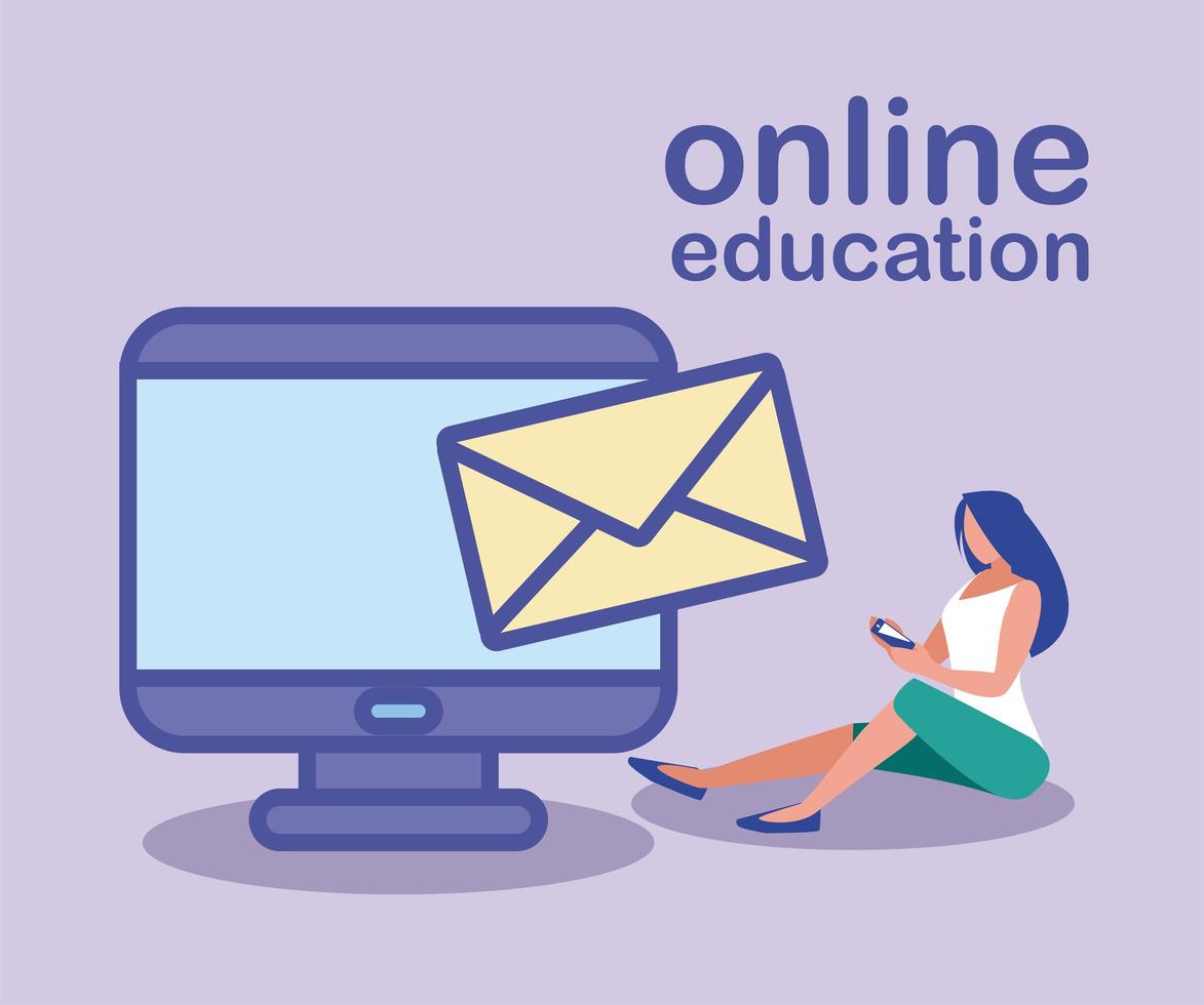 woman with desktop computer, online education vector