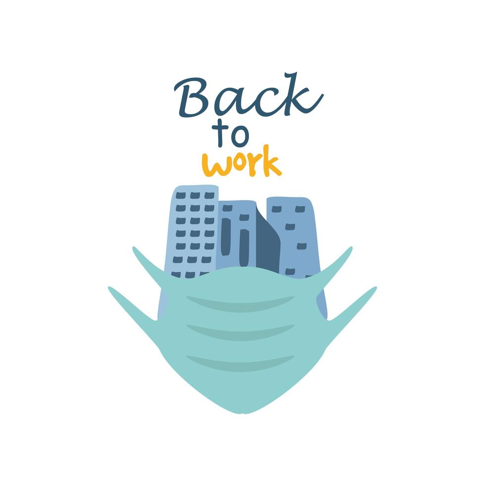 back to work lettering with medical mask around city skyline vector