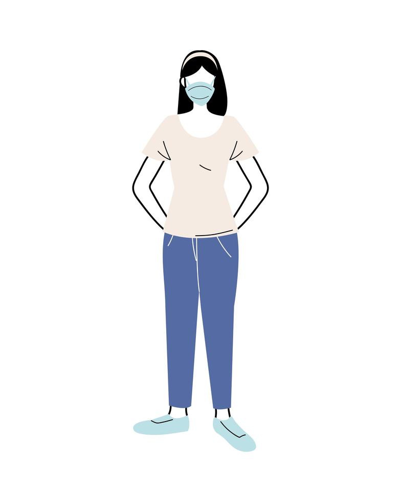 young woman with medical mask standing on white background vector