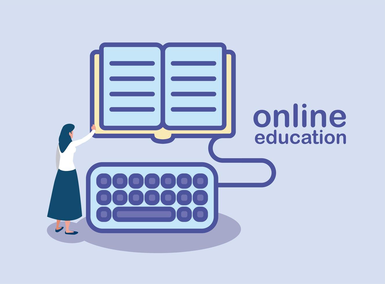 woman with book and keyboard for online education vector