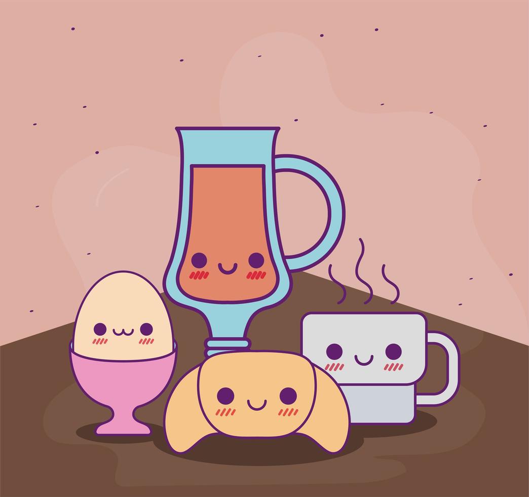 Taza de jugo kawaii pan de huevo y taza de café diseño vectorial vector