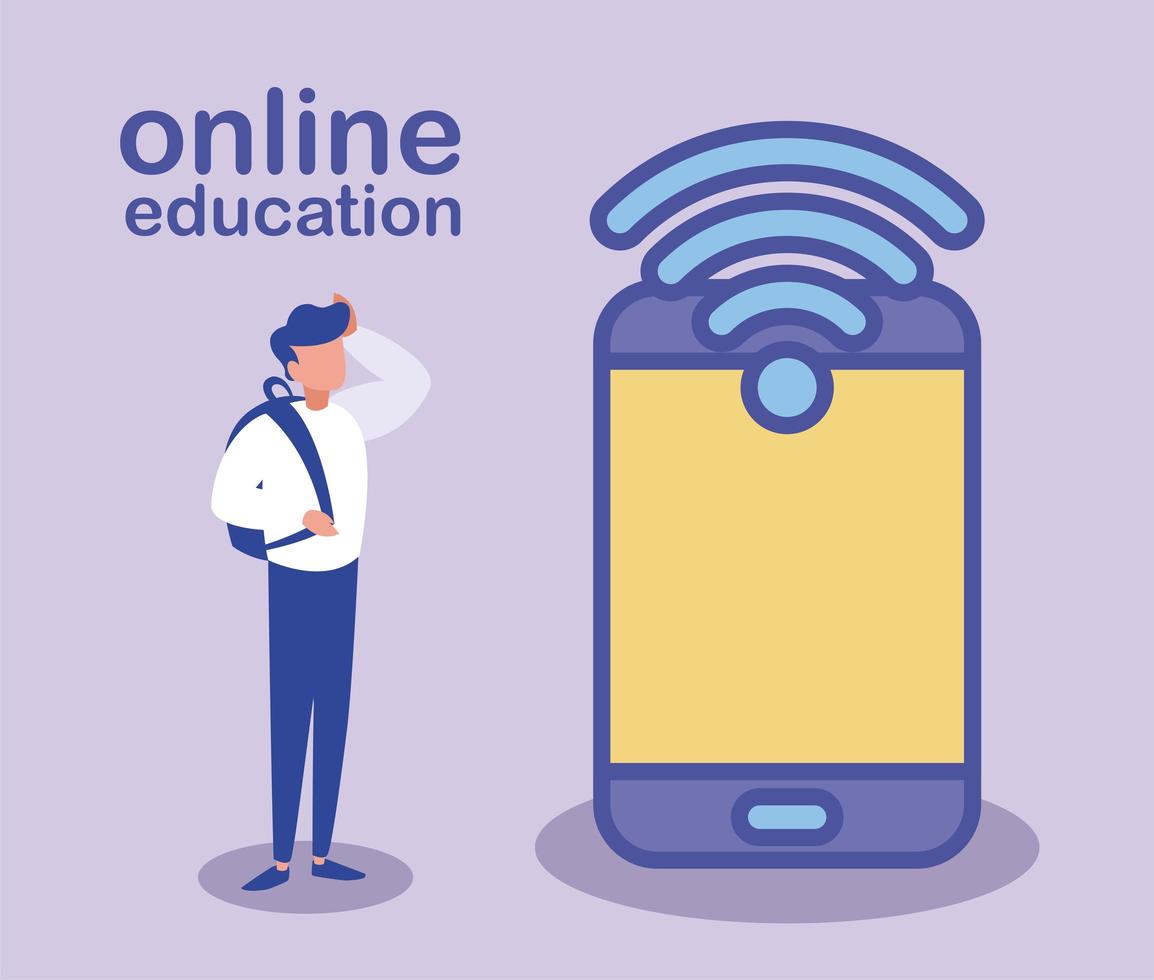man with smartphone and wifi, online education vector