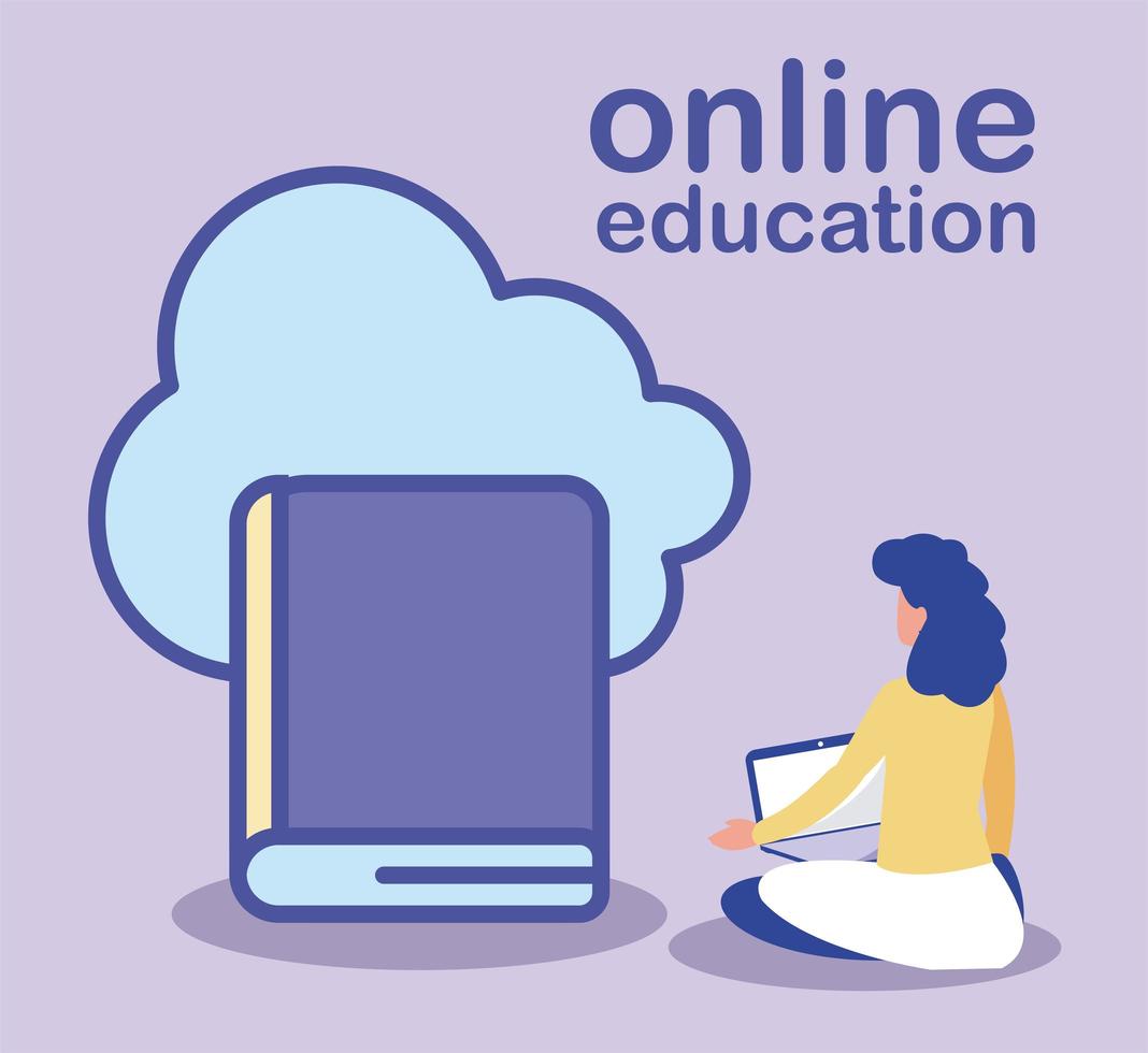 online education, woman with laptop and book vector