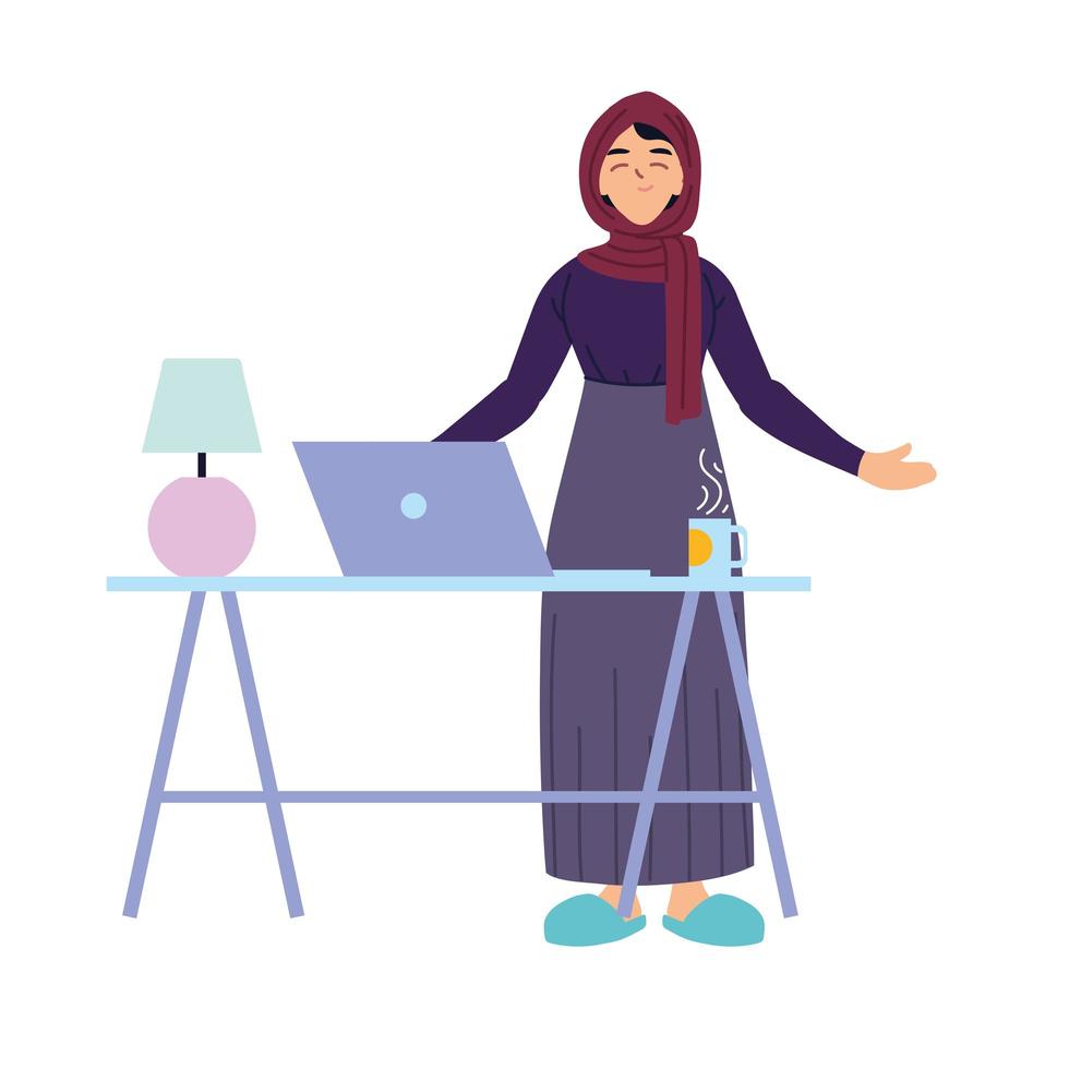 Dibujos animados de mujer musulmana con laptop en diseño vectorial de escritorio vector