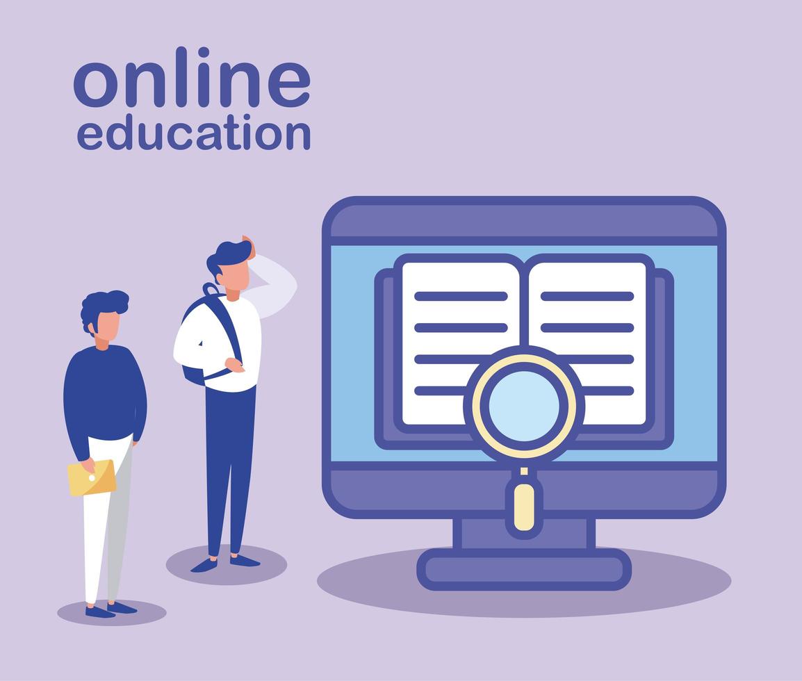 men with desktop computer, online education vector