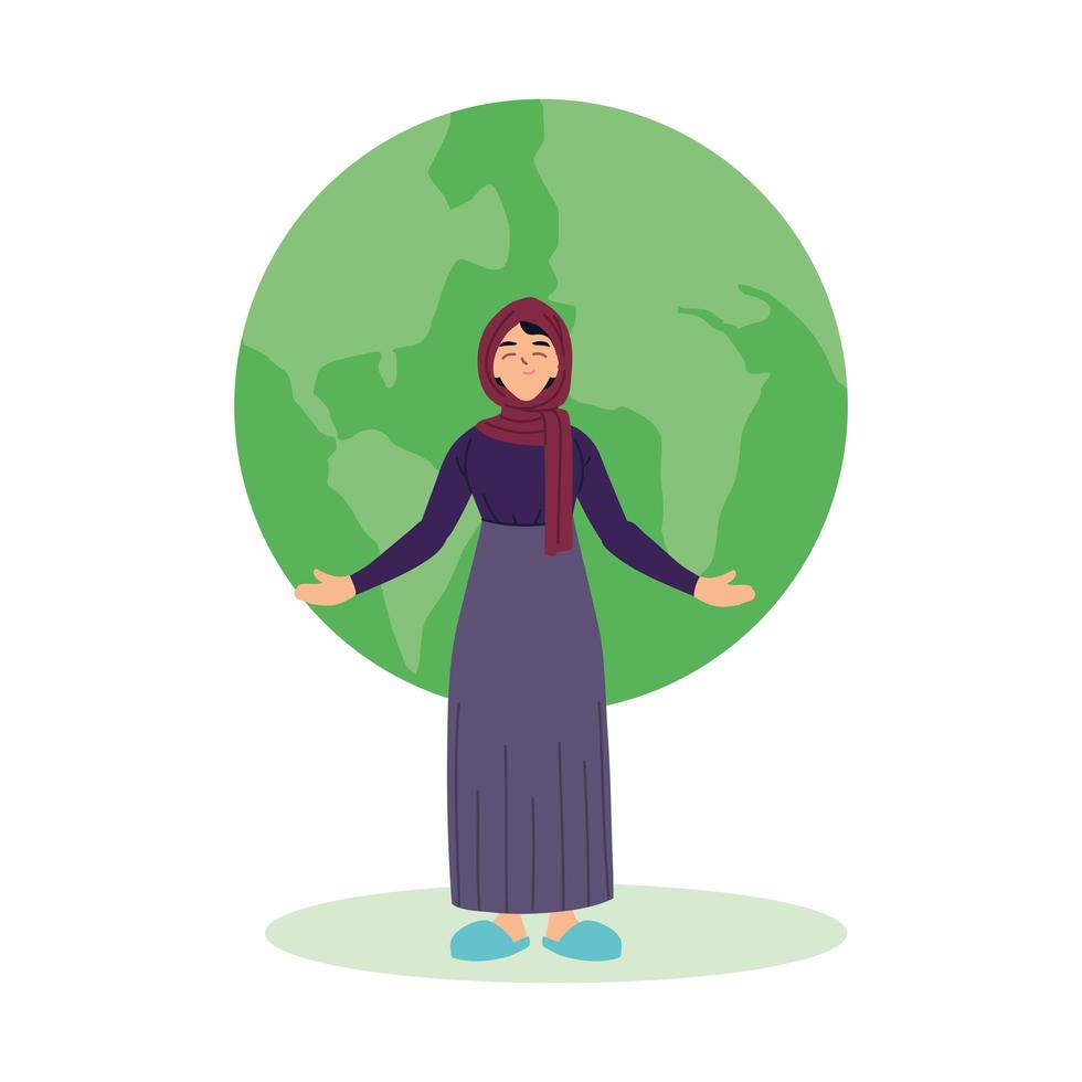 muslim woman cartoon in front of world sphere vector design