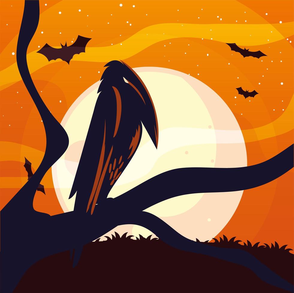 dibujos animados de cuervo de halloween en diseño vectorial de árbol vector