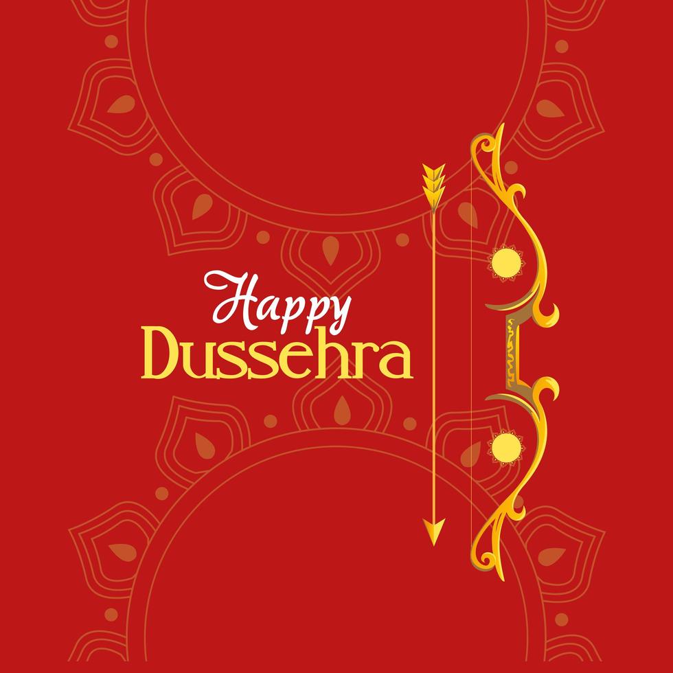 gold bow with arrow in front of mandalas ornaments of happy dussehra vector design