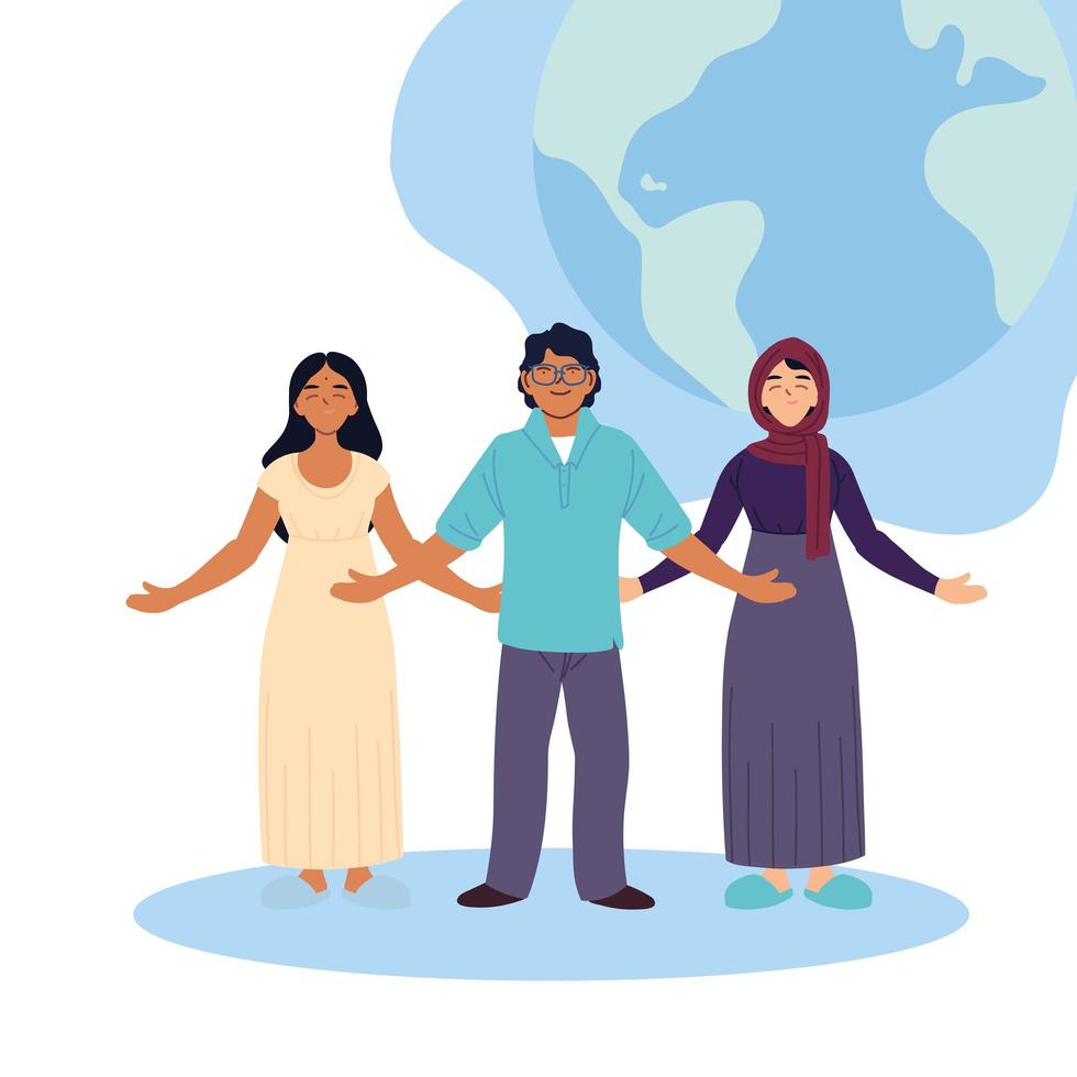 indian muslim women and man cartoons with world sphere vector design