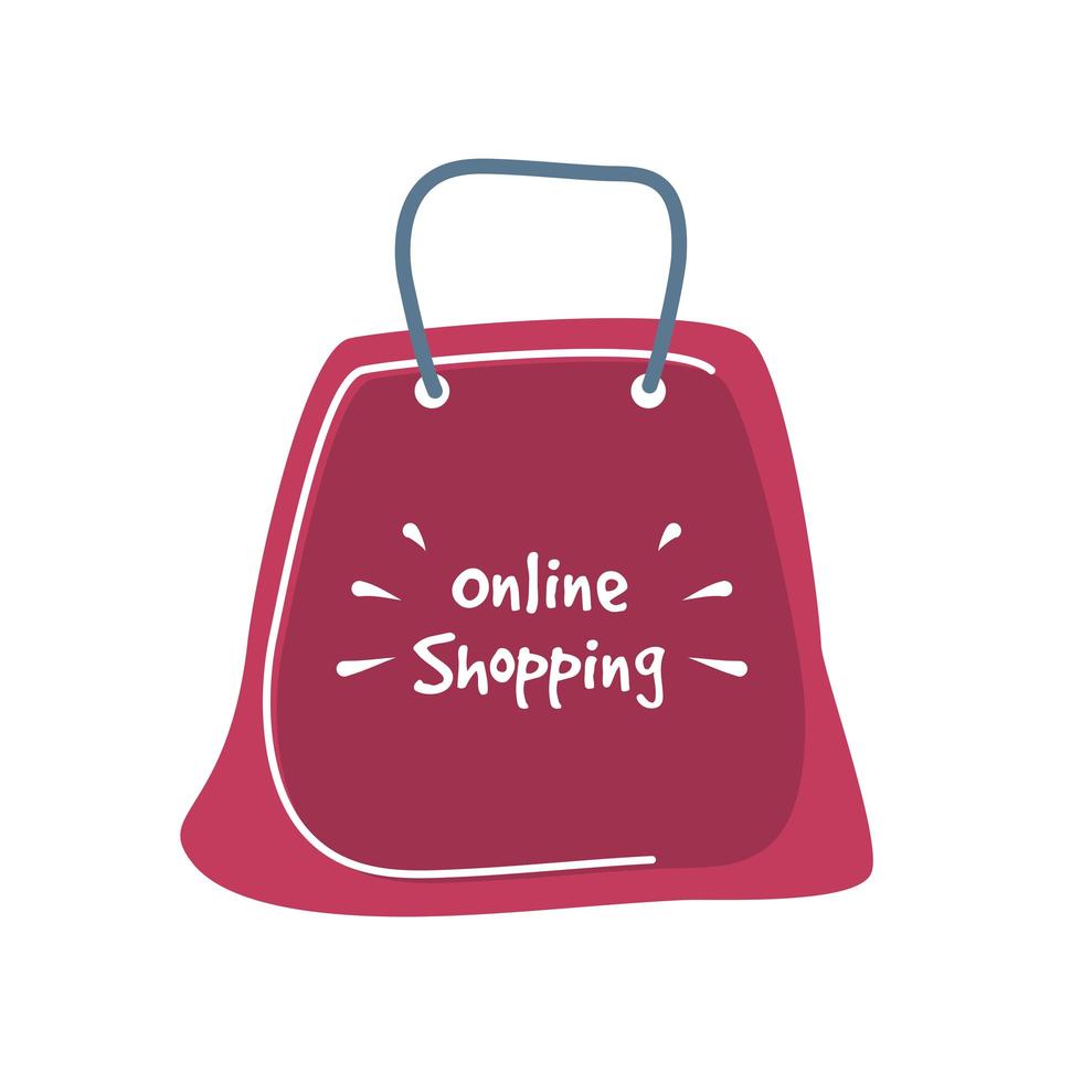 letras de compras en línea en una bolsa roja vector