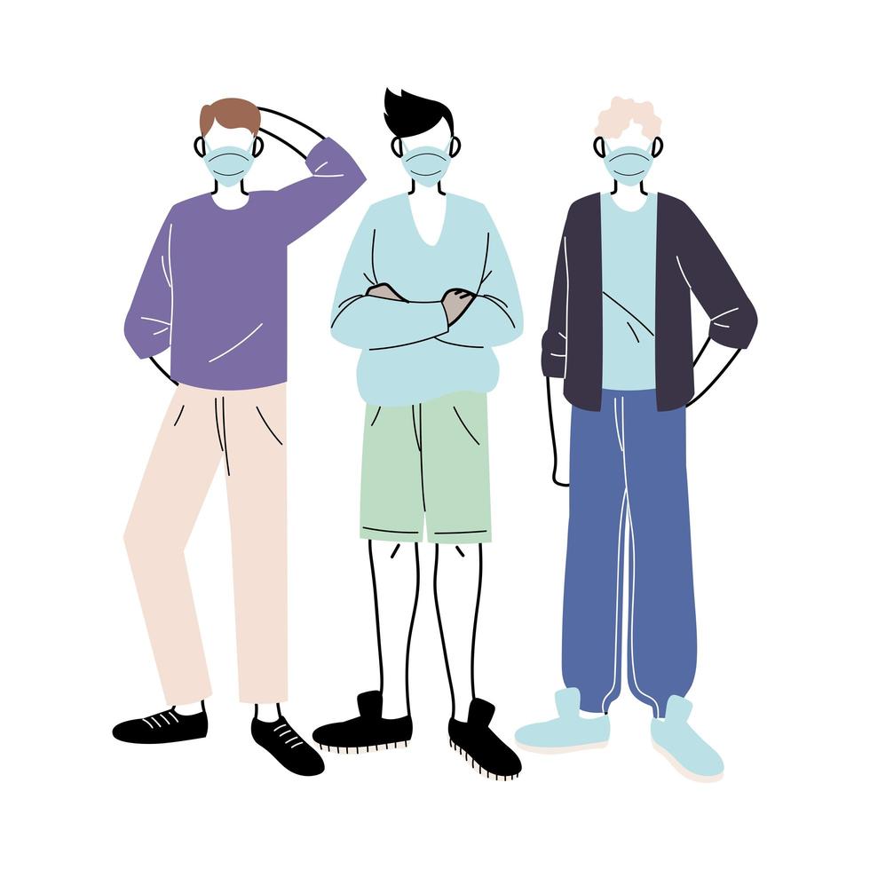 young men with medical masks standing on white background vector